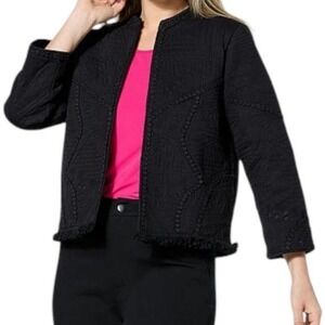 Lacey Chabert Embroidered Novelty Jacket with Fringe Hem Black - 3X